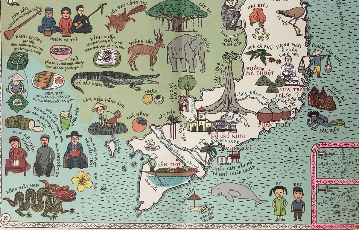 The drawing of Vietnam’s territory includes clear illustrations of Hoang Sa (Paracel) and Truong Sa (Spratly), showing the country’s sovereignty over these two archipelagoes in the East Sea.