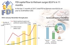 FDI capital flow to Vietnam surges 82.8 % in 11 months