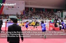 Vietnam’s sepak takraw team receives the silver medal after a loss against Thai team
