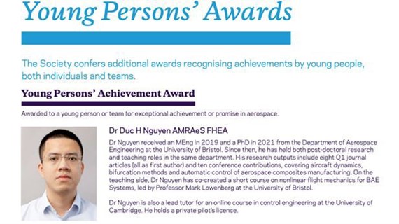 Young scientist becomes first Vietnamese awarded by UK Royal Aeronautical Society