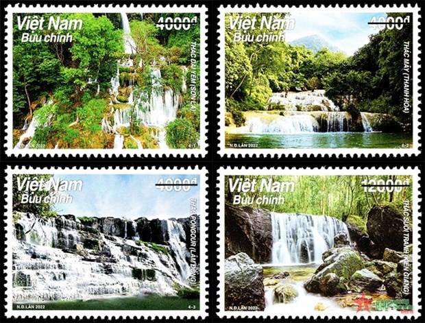 Four famous Vietnamese waterfalls introduced in stamp collection hinh anh 1
