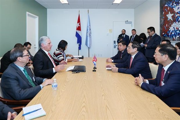 The meeting between PM Pham Minh Chinh and First Secretary of the Communist Party of Cuba and  President of Cuba Miguel Diaz-Canel in New York on September 20. (Photo: VNA)