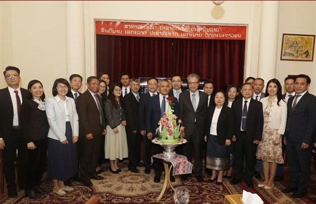 Vietnamese embassies offer New Year greetings to Lao counterparts hinh anh 1