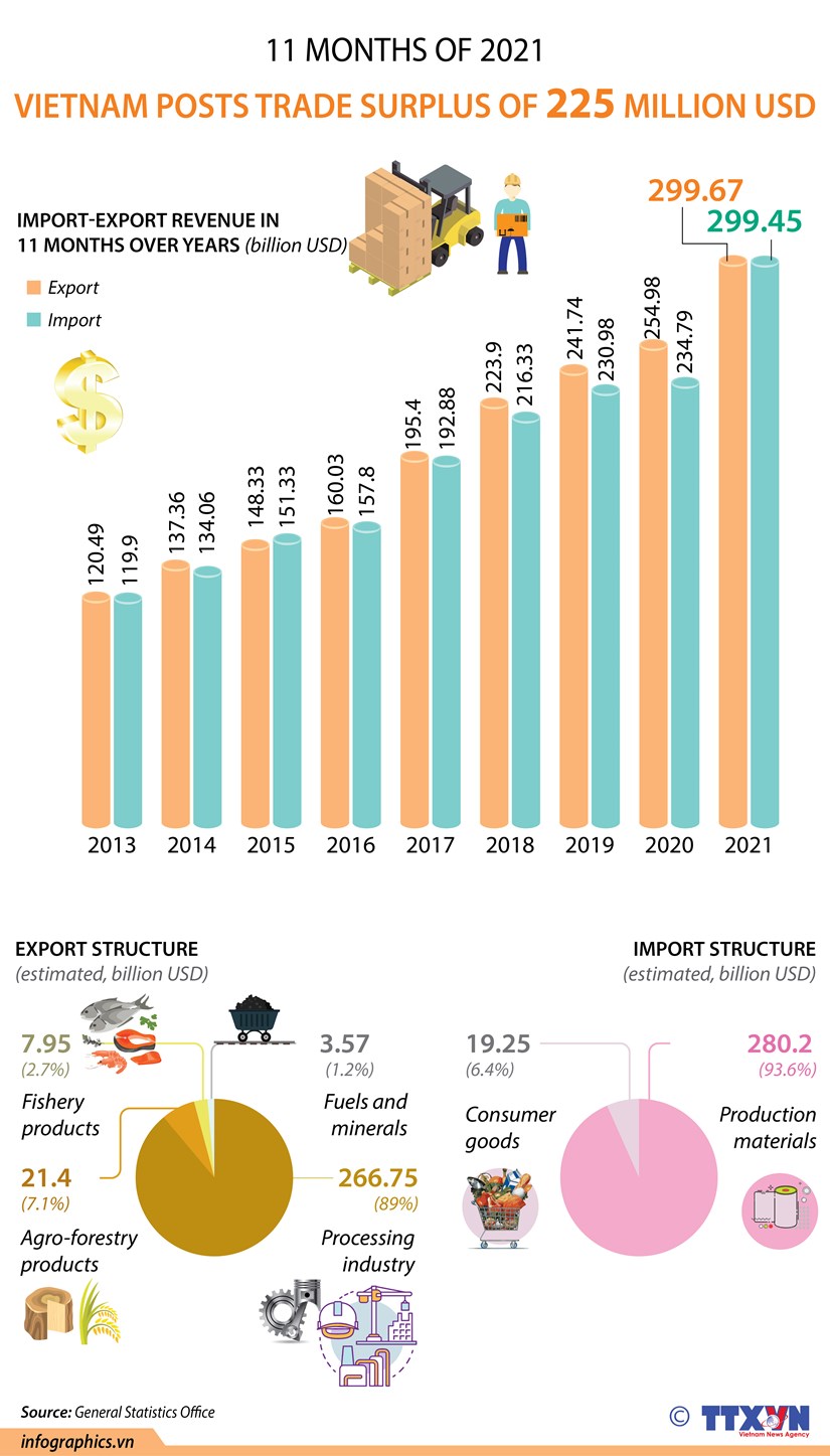 Vietnam posts trade surplus of 225 million USD in 11 months hinh anh 1